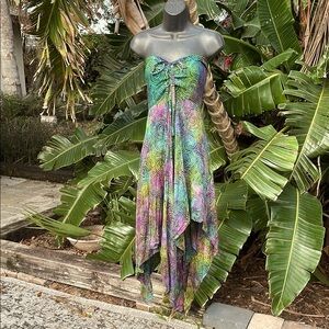 Batik, tie-dye strapless handkerchief hem dress